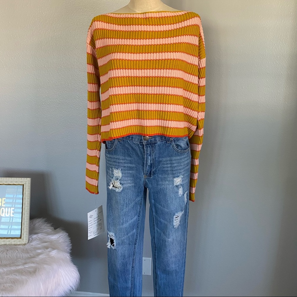 CURIOSITY Mustard Yellow, White & Pink Striped wide neck knit sweater